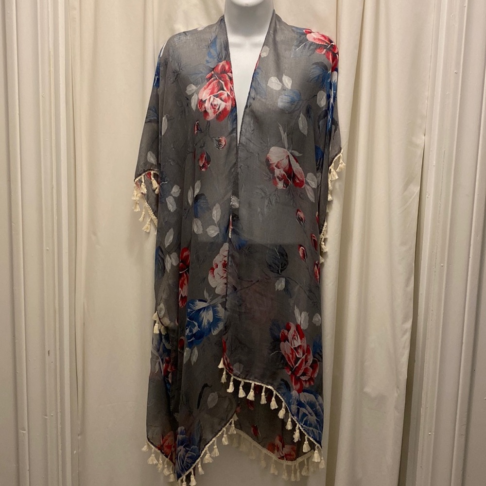 Riah Fashion Sheer Gray Floral Tassel Enhanced Kimono Sz O/S